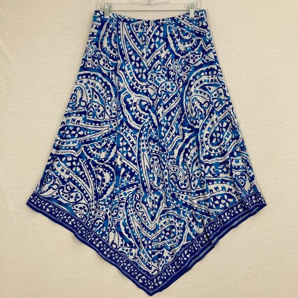 Chico’s Blue White Artsy Print Asymmetric Hem Coastal Stretch Skirt Large/2 - Picture 1 of 8